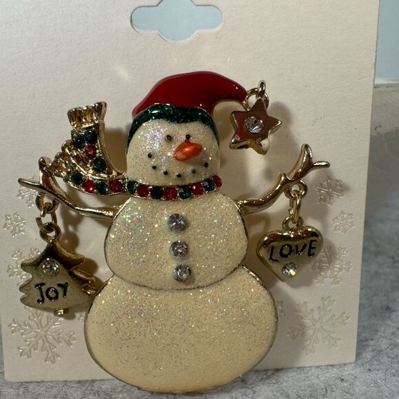 Snowman Holiday Brooch Pin Goldtone Enamel Rhinestone Table & Tower - Picture 2 of 5